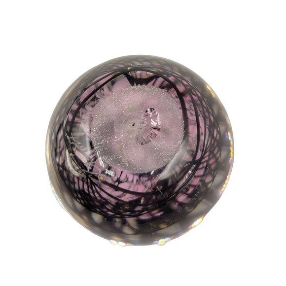Handcrafted Blown Glass Paperweight Purple Black Swirl Round Artist Signed - Picture 4 of 7